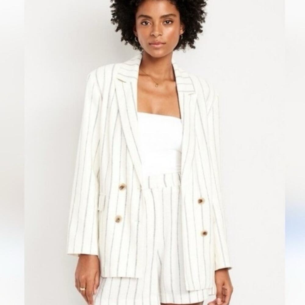 Old Navy Linen Blend Blazer Womens Small NWT White Gray Stripe Double Breasted
